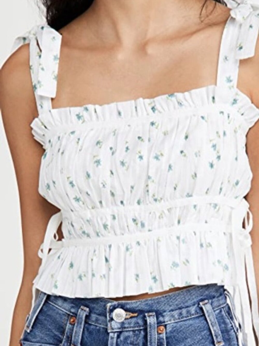 PLAYA LUCILA Pleated Floral Top In White Floral - Size XS